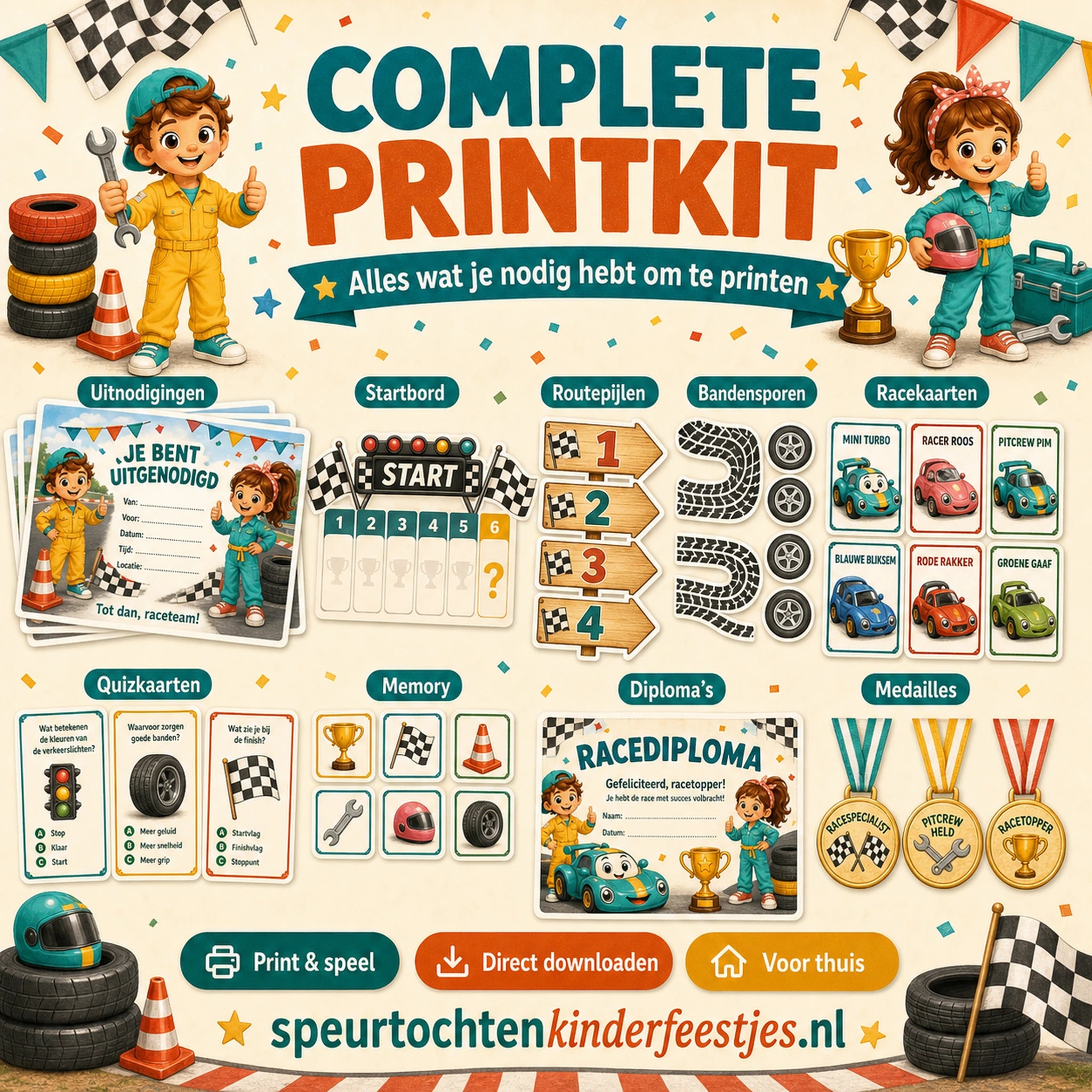 Racen printkit met uitnodigingen, spelmateriaal, diploma en extra onderdelen