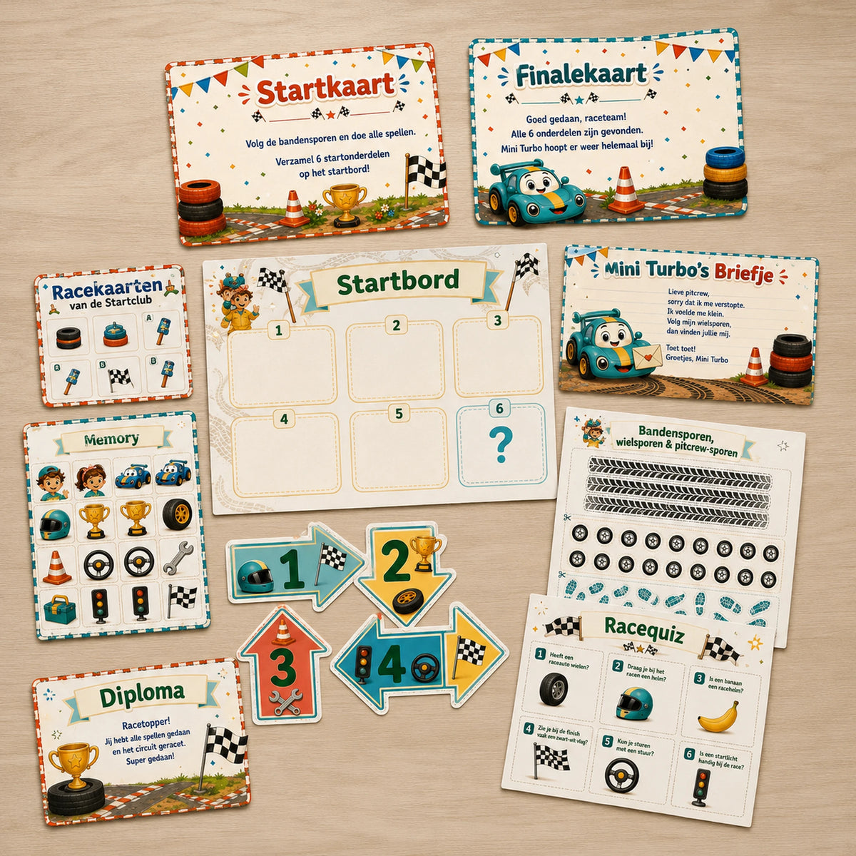 Printkit van de Racen speurtocht met printbare spelmaterialen.