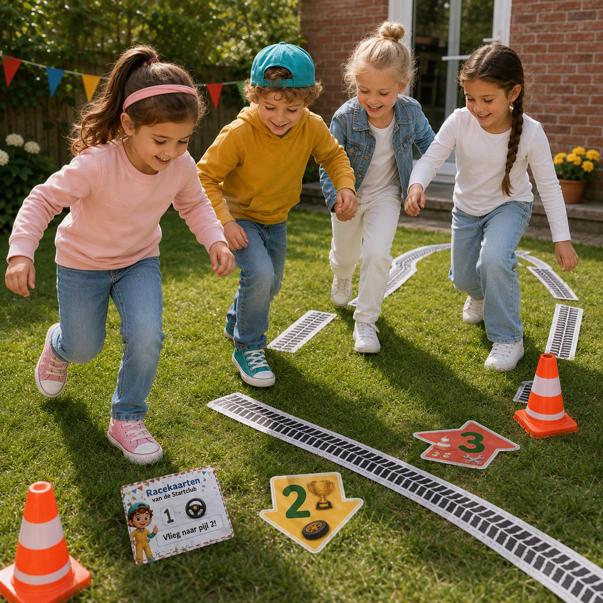 Kinderen spelen de Racen speurtocht met actieve opdrachten.