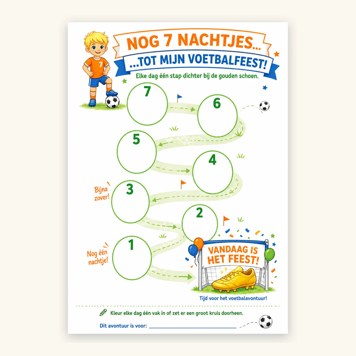 Voetbal aftelkalender voor een kinderfeestje - printbare kalender