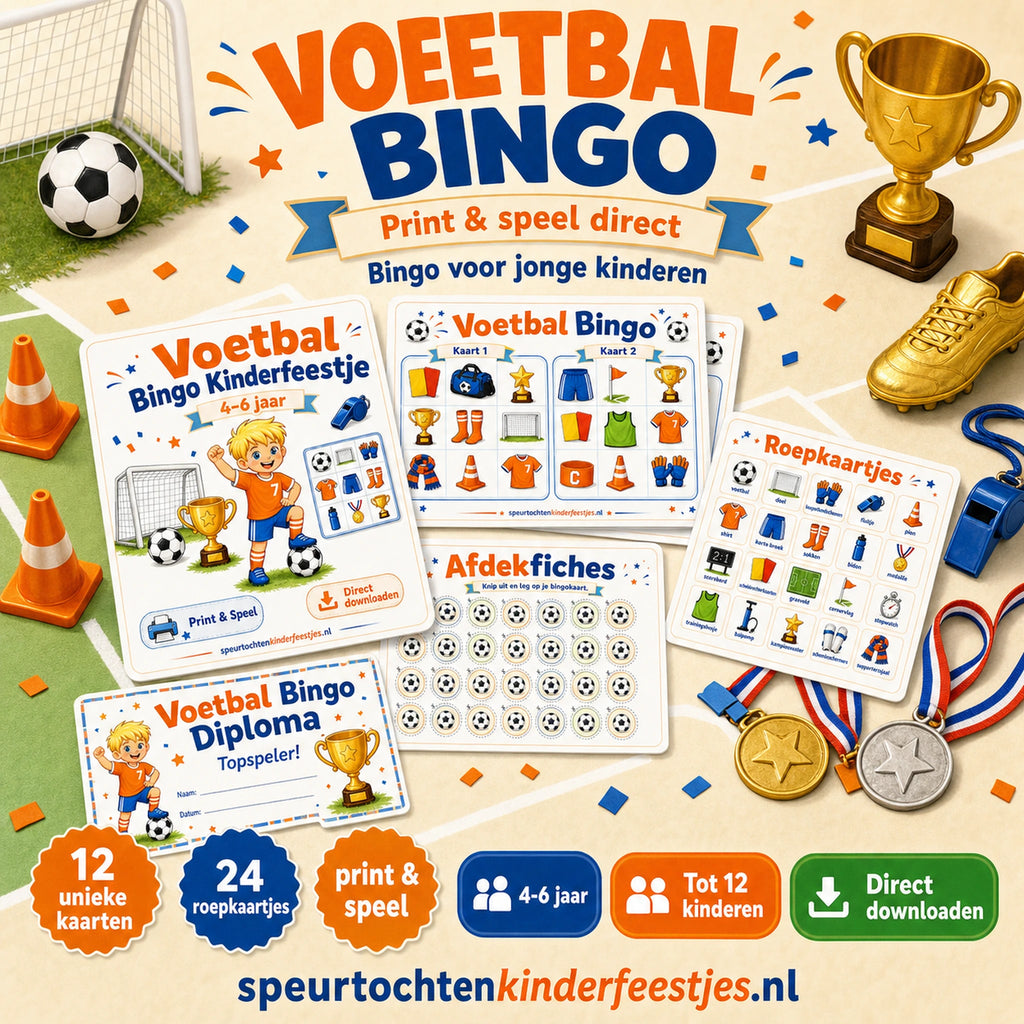 Mockup van Voetbal bingo met bingokaarten, roepkaartjes en afdekfiches