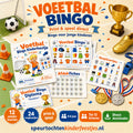 Mockup van Voetbal bingo met bingokaarten, roepkaartjes en afdekfiches