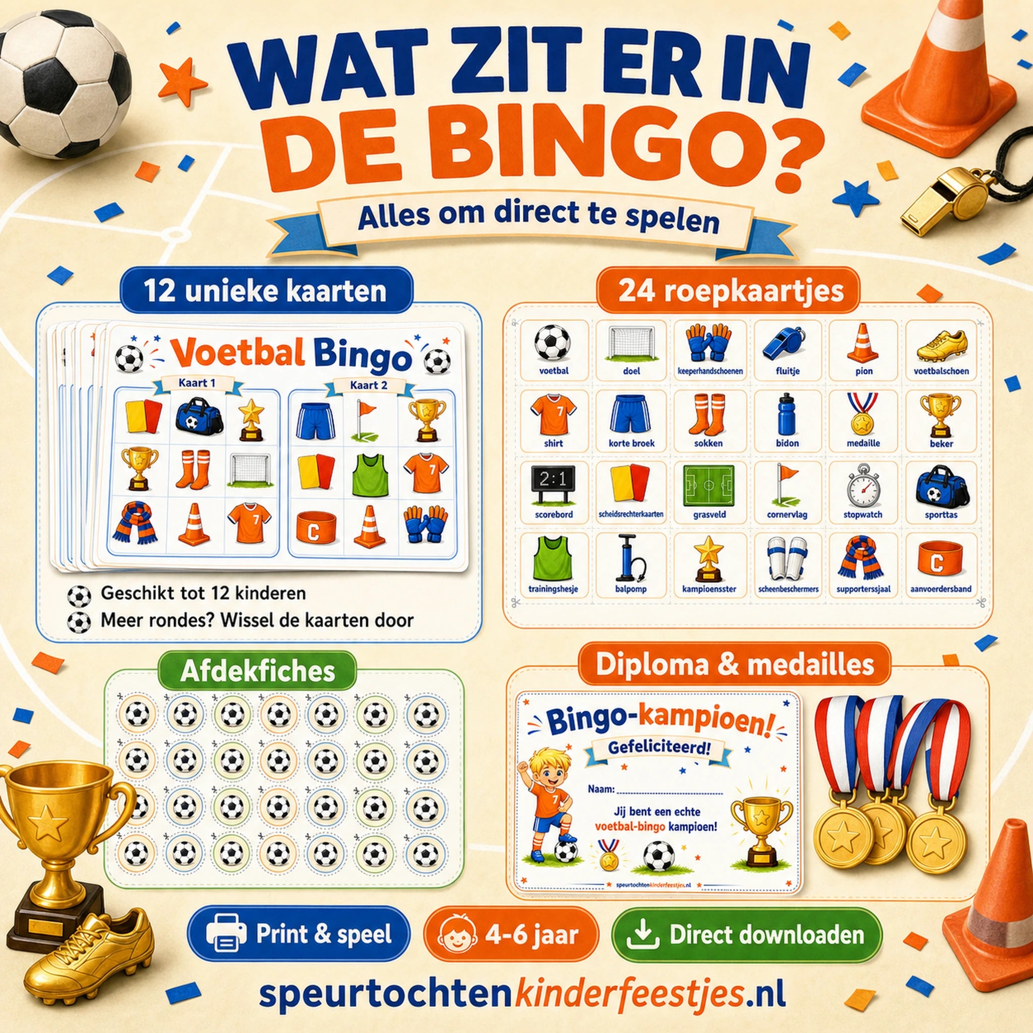 Overzicht van de Voetbal bingo set met 12 unieke kaarten, 24 roepkaartjes en extra's