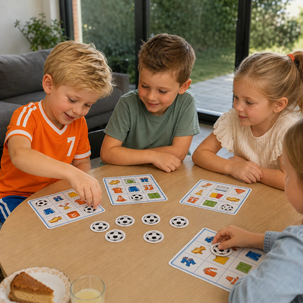 Kinderen spelen samen de Voetbal bingo aan tafel.