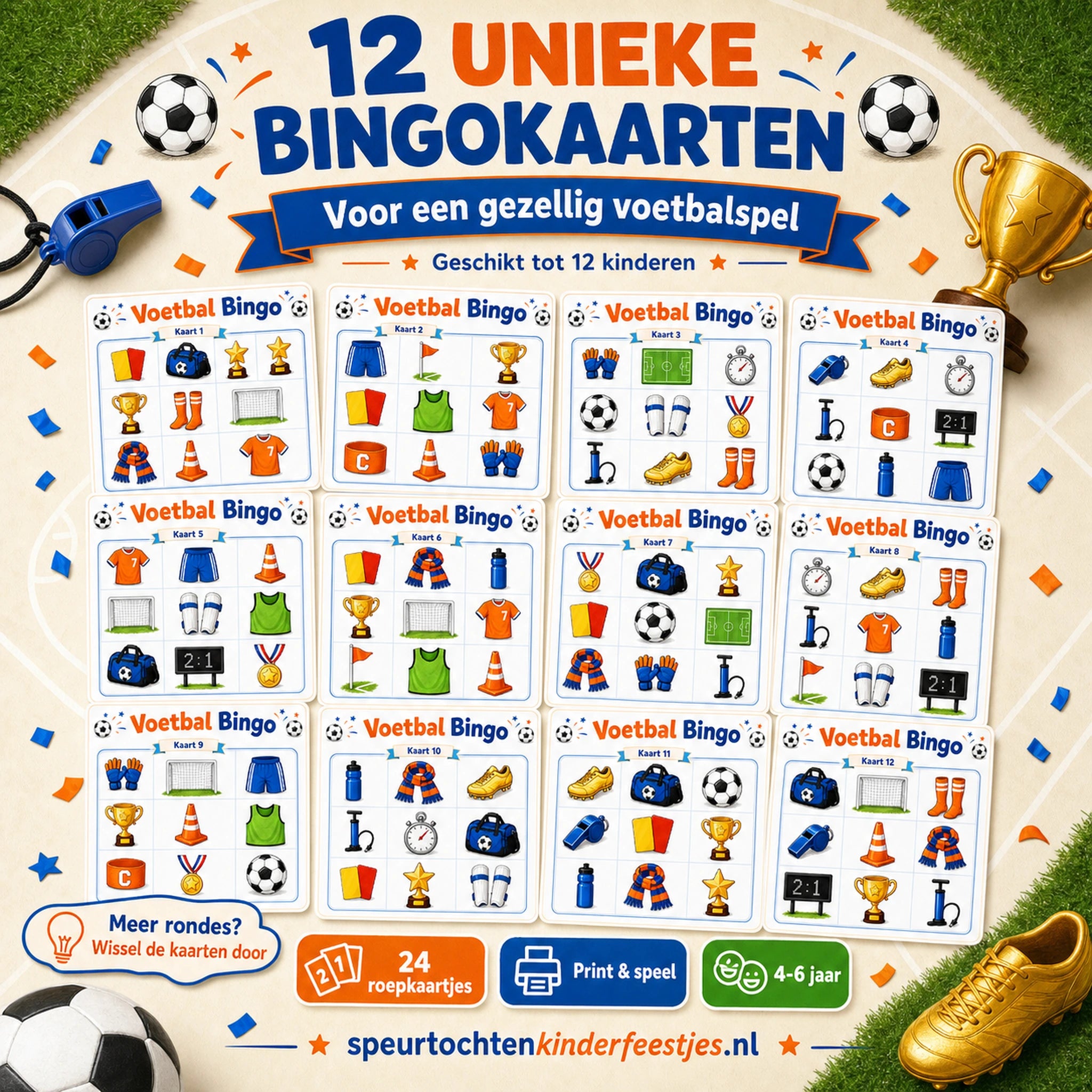 Twaalf unieke Voetbal bingokaarten voor kinderen van 4 tot 6 jaar