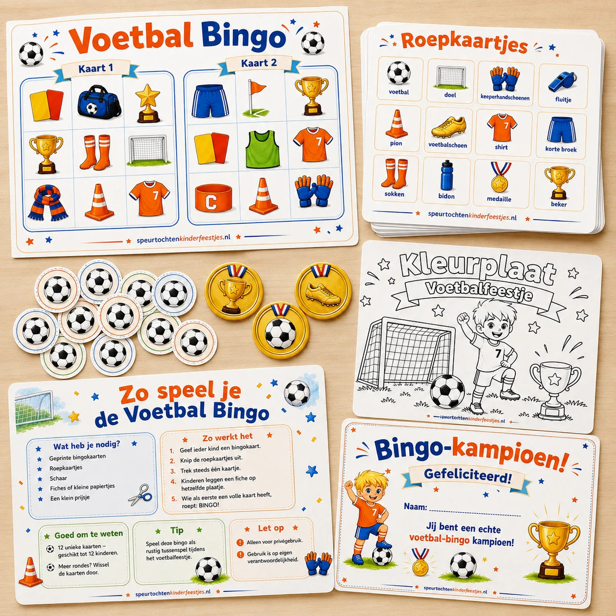 Complete inhoud van de Voetbal bingo met kaarten en spelmateriaal.