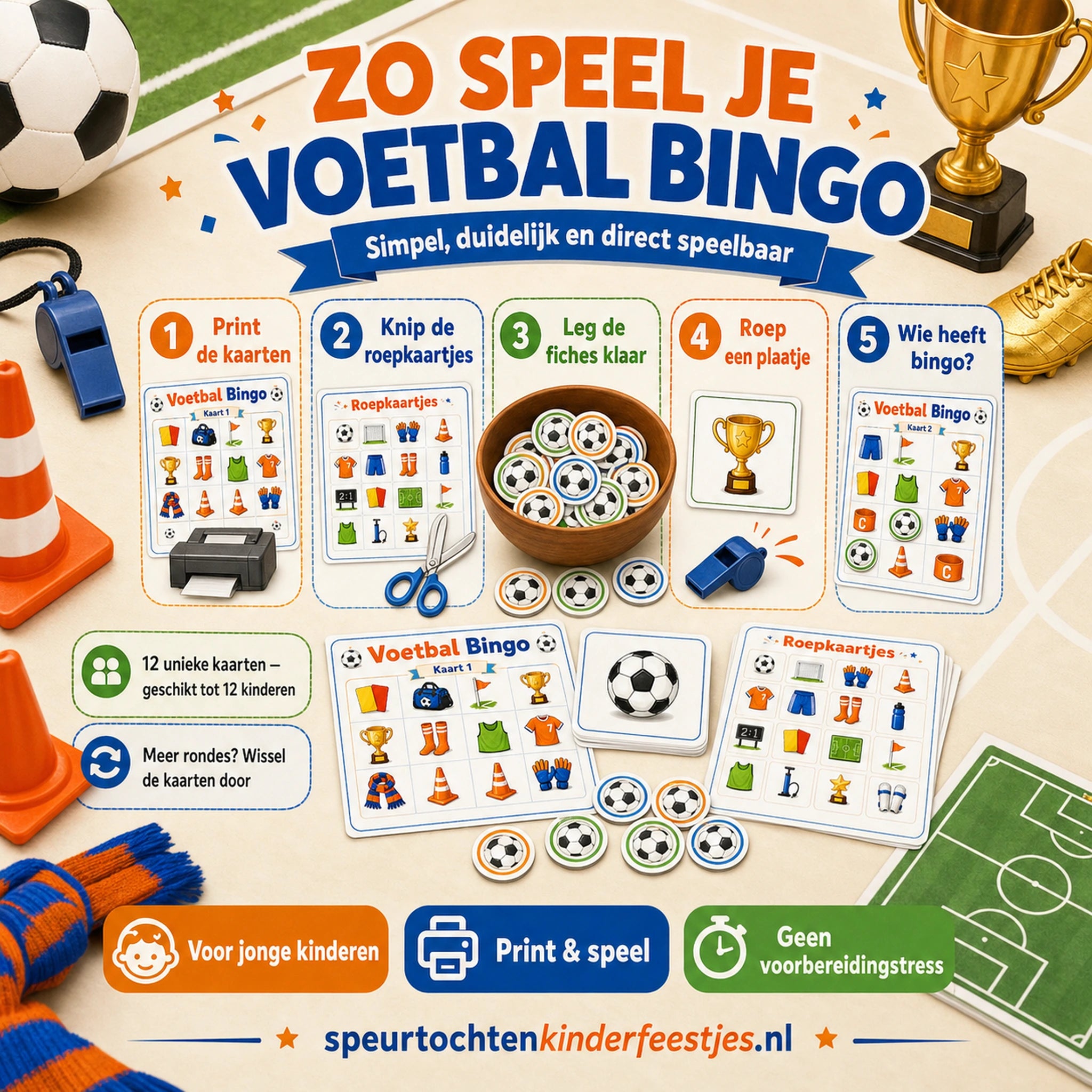 Uitlegbeeld voor het spelen van Voetbal bingo met kaarten, roepkaartjes en fiches