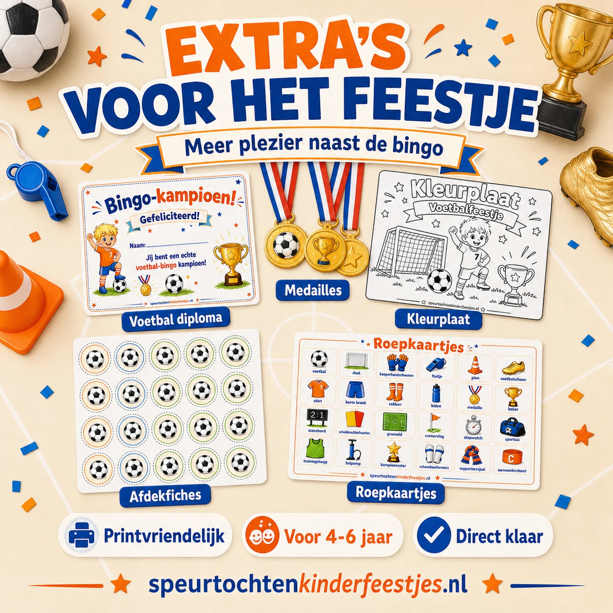 Extra printbare Voetbal bingo materialen zoals diploma, medailles, kleurplaat en fiches