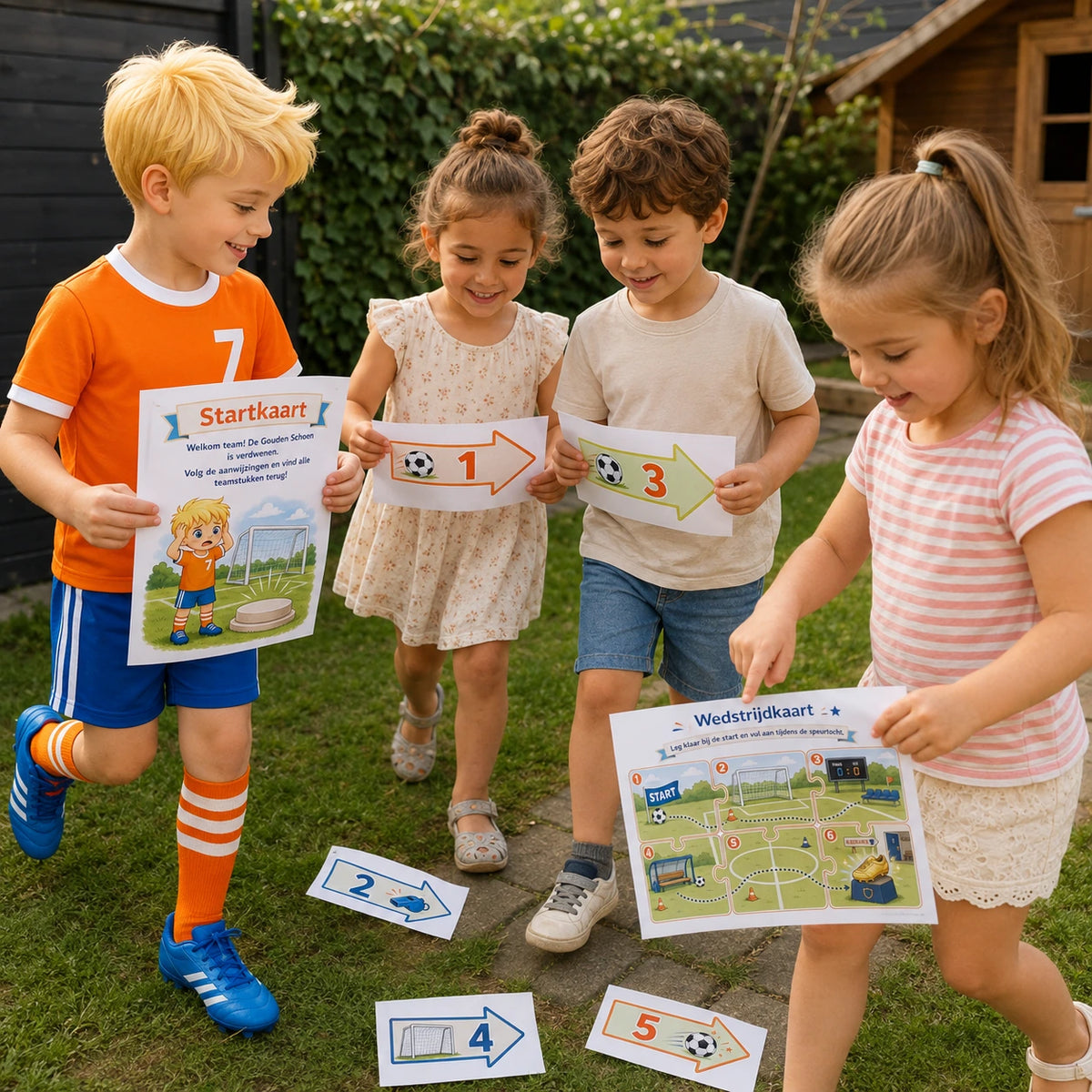 Kinderen spelen de speurtocht uit de Voetbal kinderfeestje bundel.