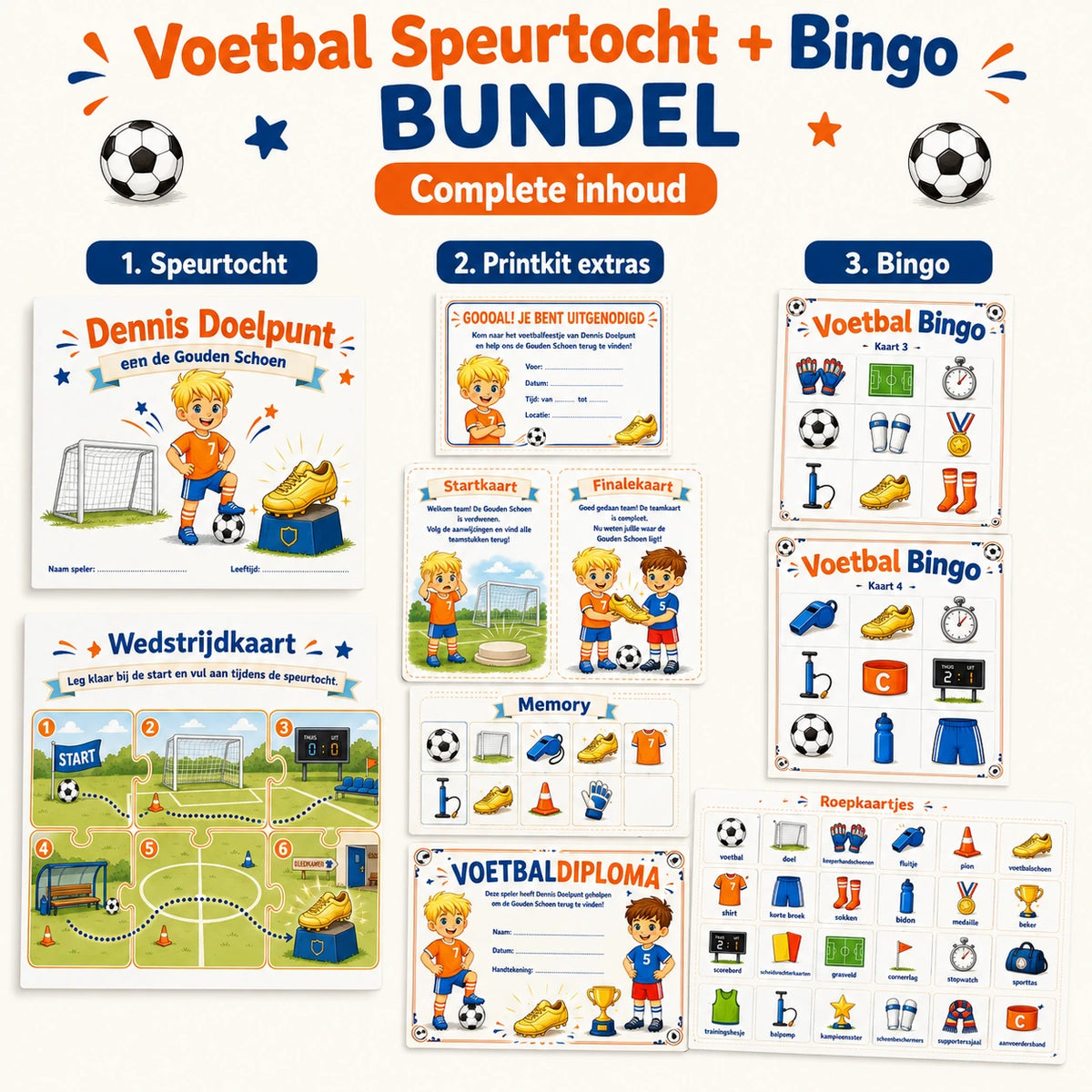 Complete inhoud van de Voetbal bundel met speurtocht, printkit en bingo.