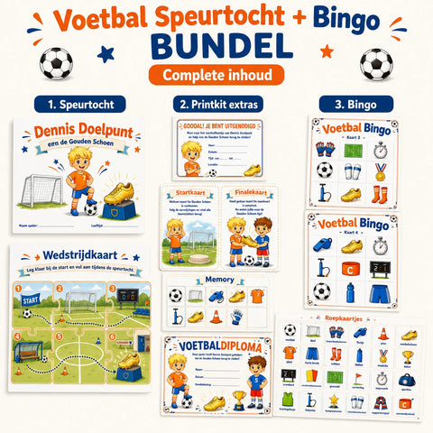 Complete inhoud van de Voetbal bundel met speurtocht, printkit en bingo.