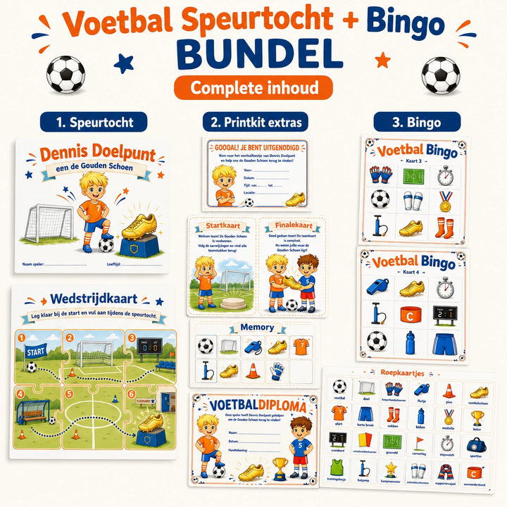 Complete inhoud van de Voetbal bundel met speurtocht, printkit en bingo.