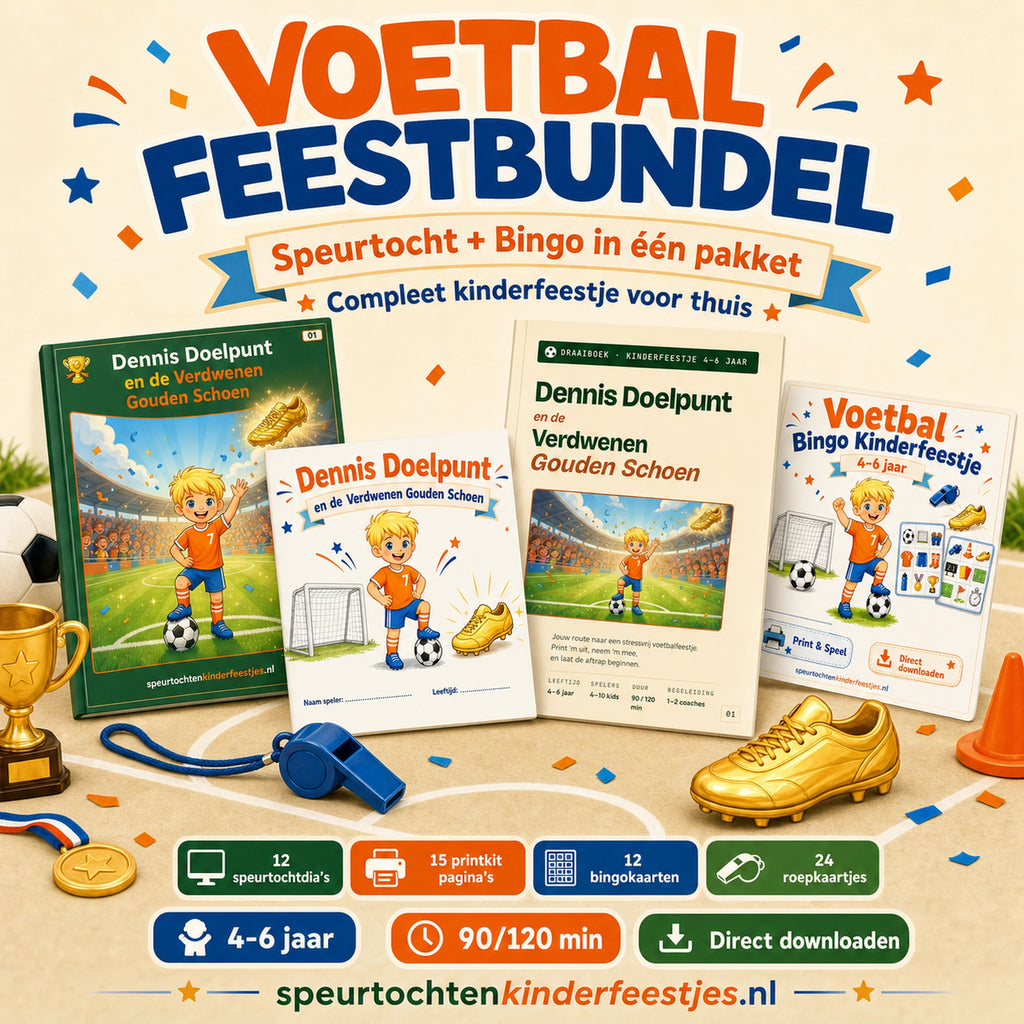 Mockup van de Voetbal feestbundel met speurtocht, printkit, draaiboek en bingo