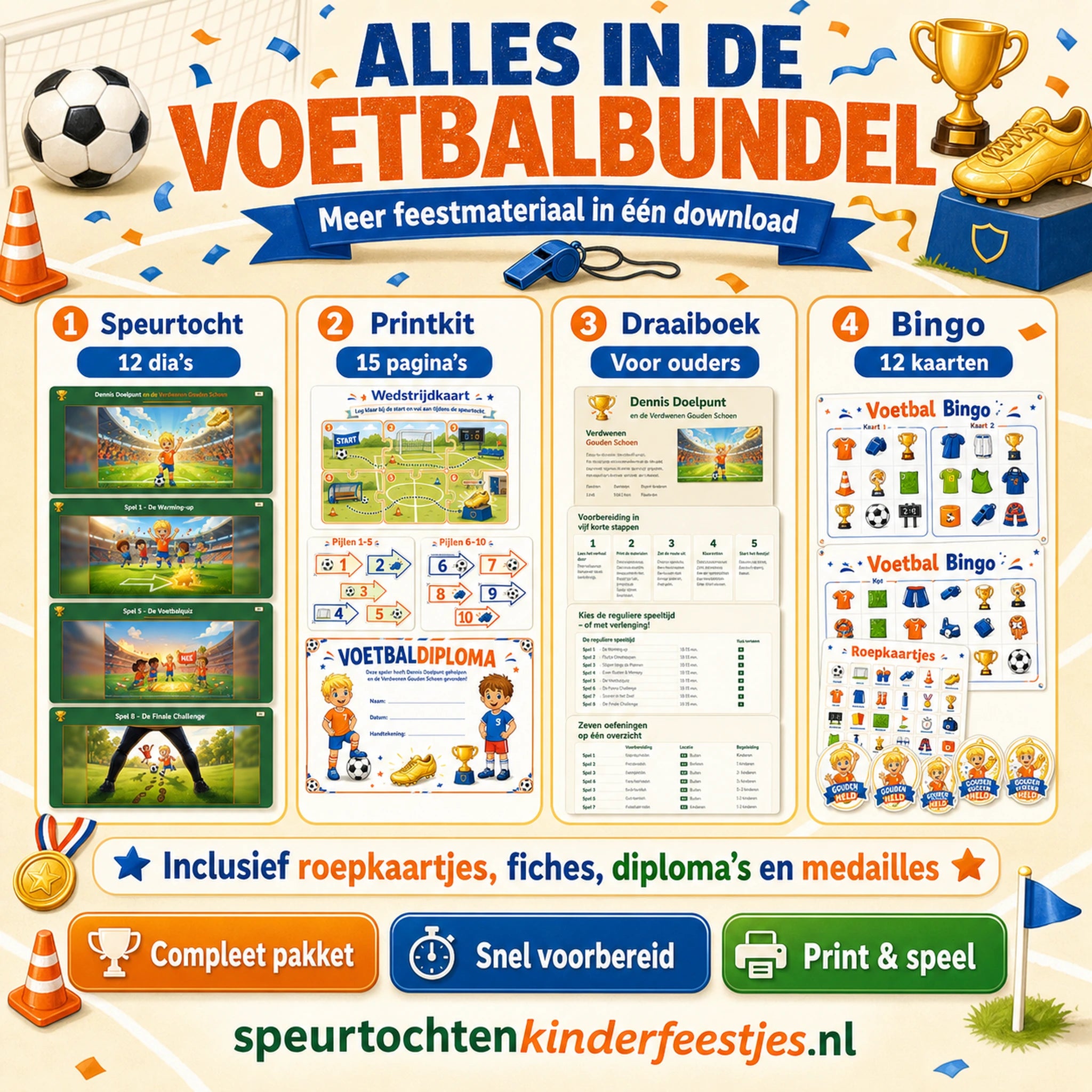 Overzicht van de Voetbal bundel met speurtocht, printkit, draaiboek, bingo en extra feestmateriaal