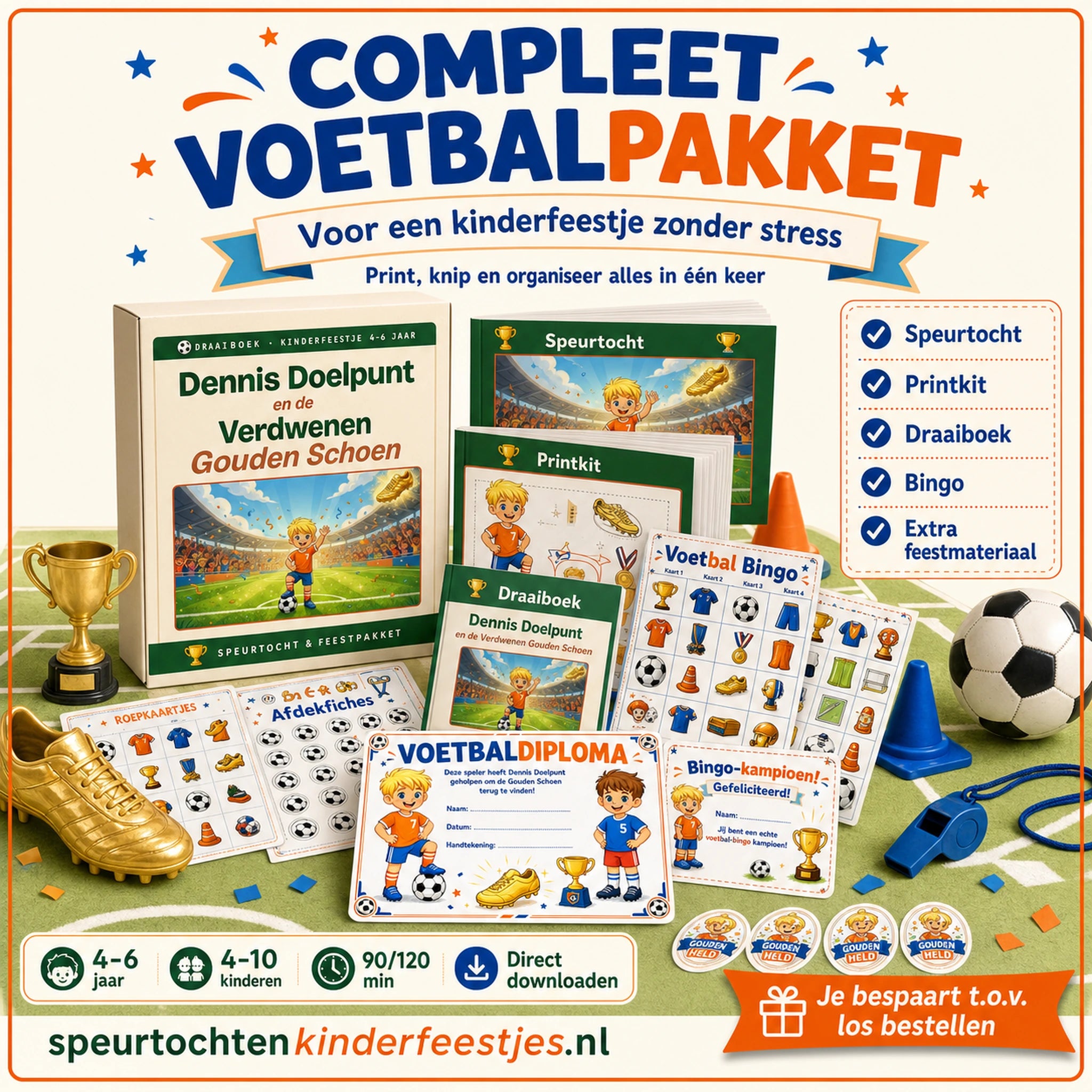 Compleet Voetbal pakket met speurtocht, printkit, draaiboek, bingo en extra feestmateriaal