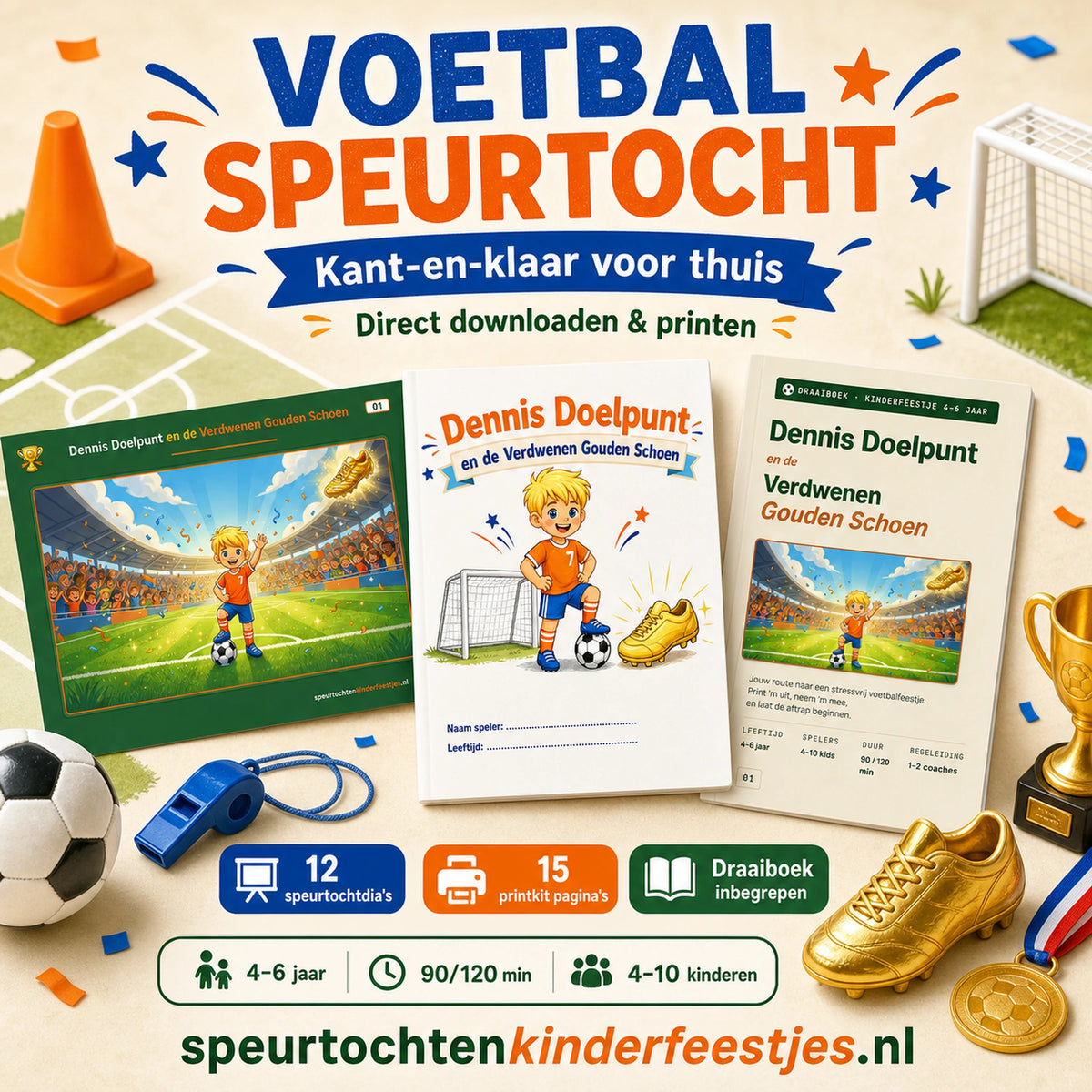 Mockup van de Voetbal speurtocht met speurtocht, printkit en draaiboek voor een kinderfeestje thuis