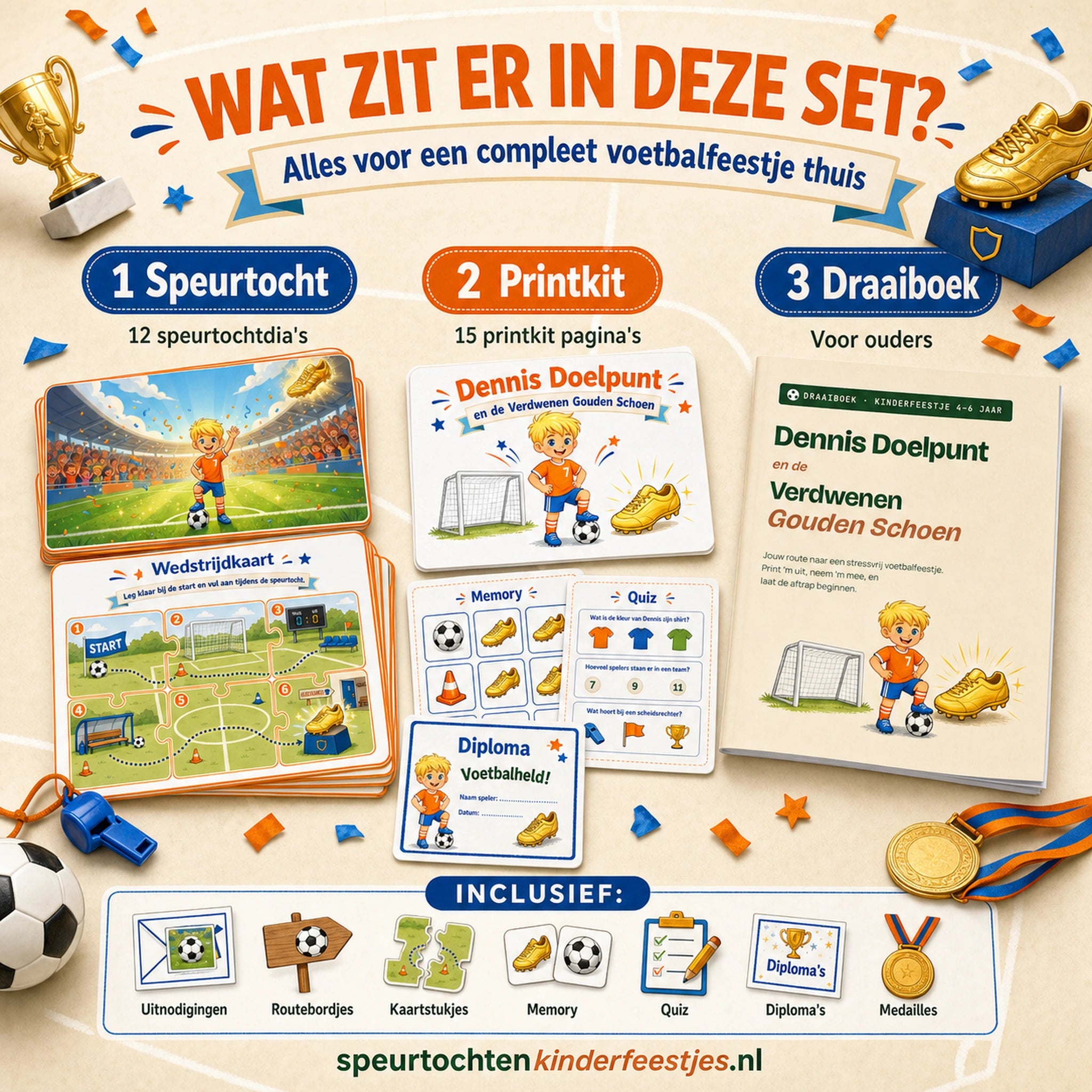 Overzicht van de Voetbal speurtocht set met speurtochtdia's, printkit en draaiboek