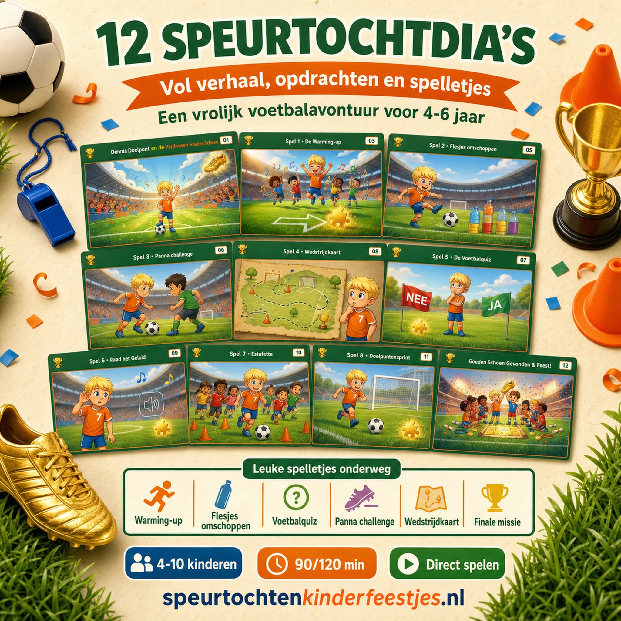 Voorbeeld van twaalf Voetbal speurtochtdia's met verhaal, opdrachten en spelletjes