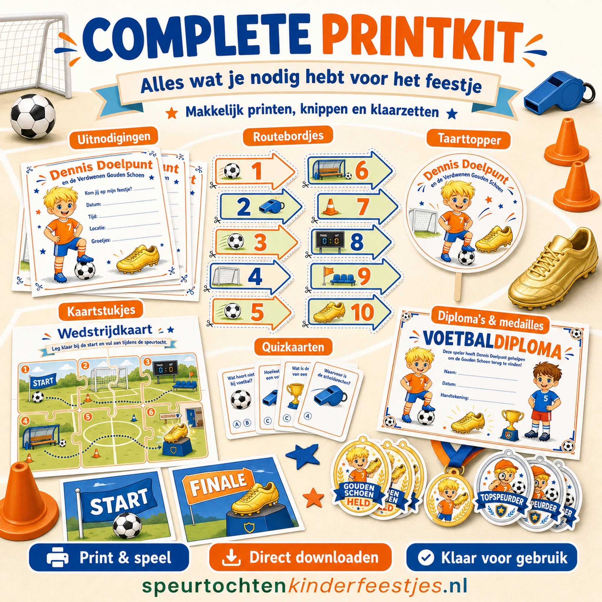Voetbal printkit met uitnodigingen, spelmateriaal, diploma en extra onderdelen