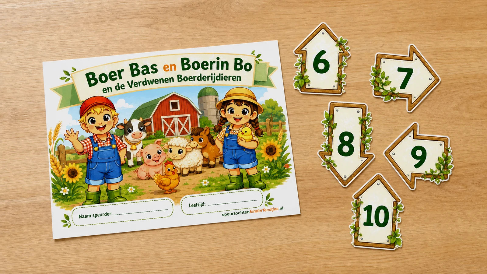 Boer Bas en Boerin Bo-printkit met cover en routepijlen klaargelegd voor een boerderijkinderfeestje thuis