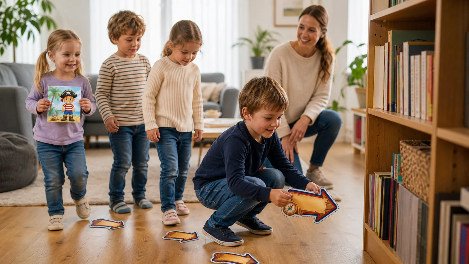 Kinderen spelen thuis een speurtocht met geprinte aanwijzingen en kaartjes