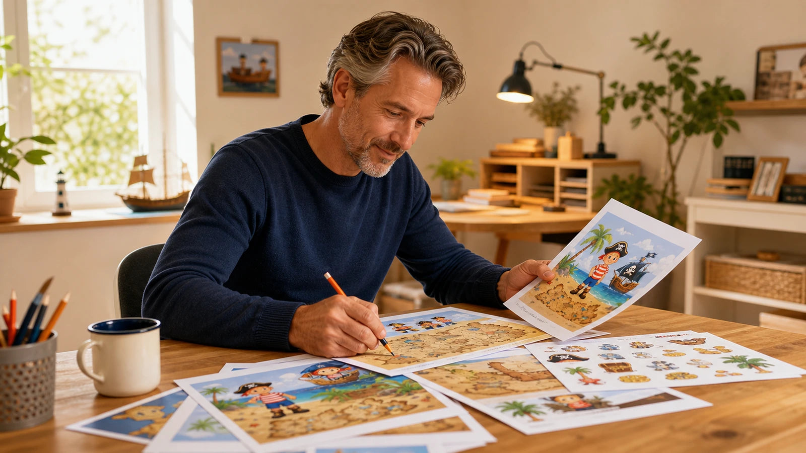 Illustratie van een maker die printbare speurtochtmaterialen voor kinderfeestjes controleert
