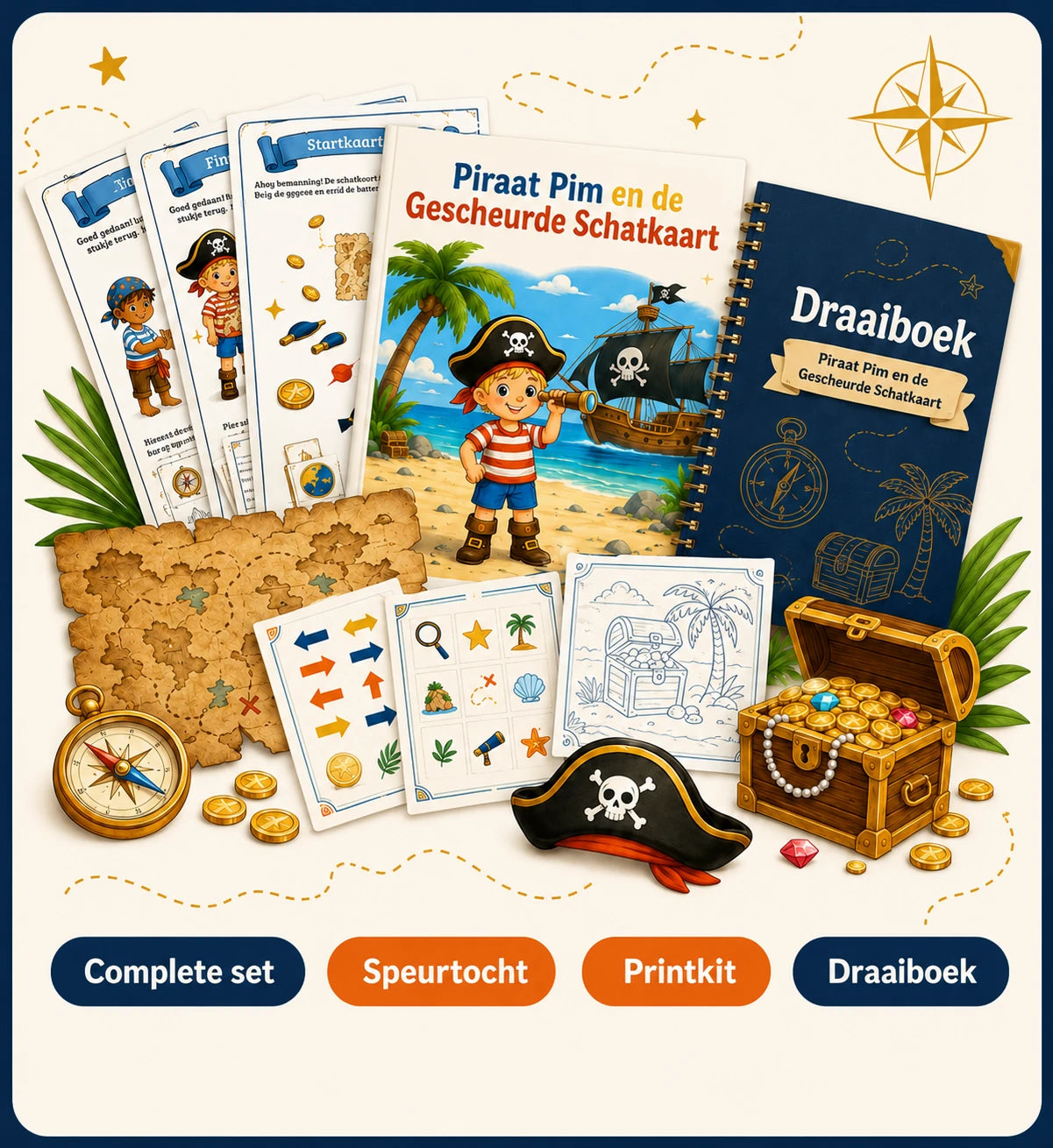 Compleet Piraat Pim speurtocht printpakket voor een kinderfeestje met speurtocht, printkit en draaiboek