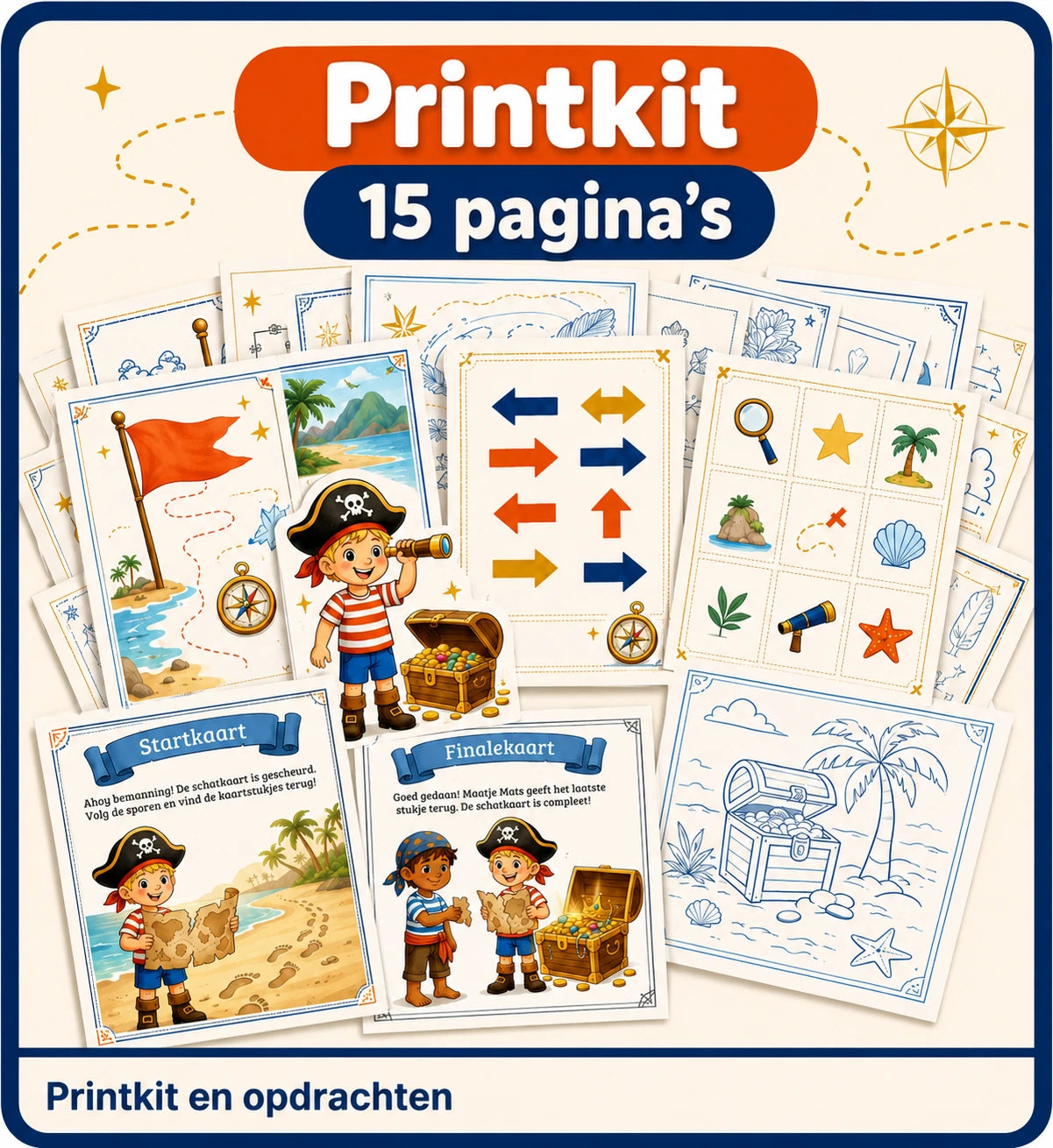 Piraat Pim printkit met 15 pagina's printbare opdrachten en materialen voor een kinderfeestje