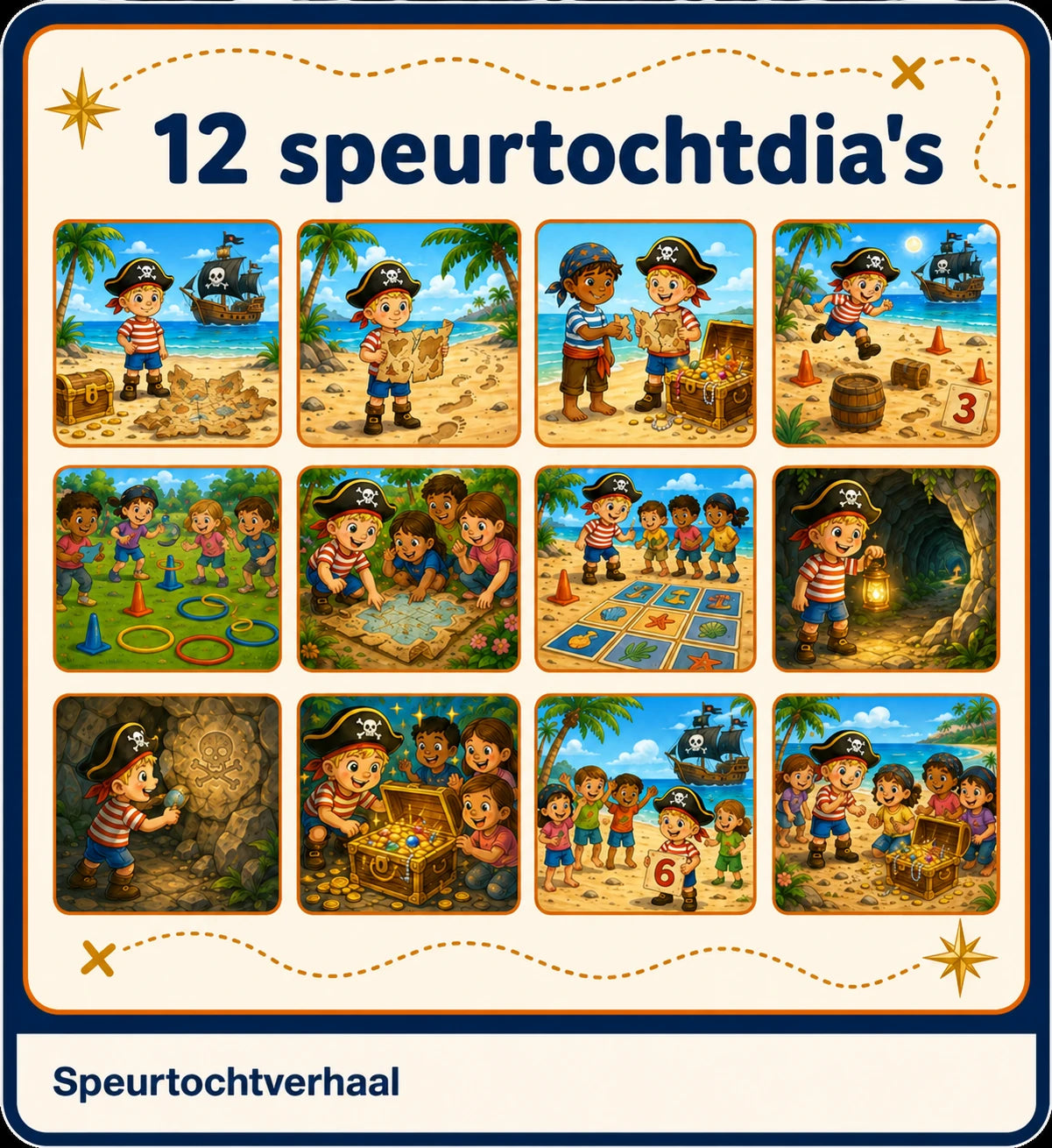 Overzicht van 12 dia's uit het Piraat Pim speurtochtverhaal voor kinderen van 4 tot 6 jaar