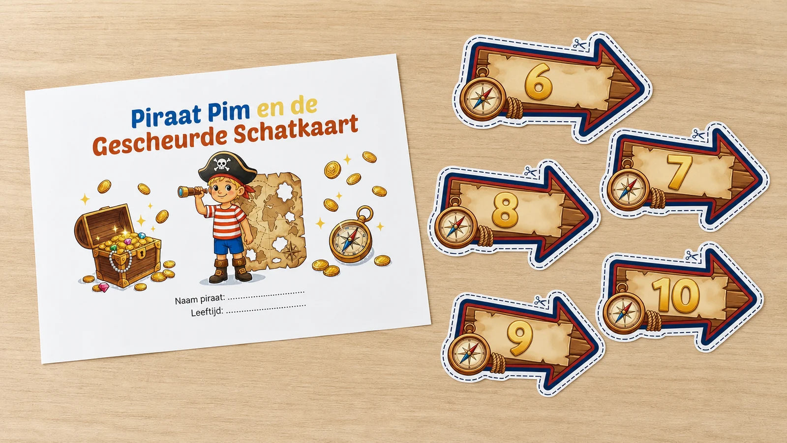 Piraat Pim-printkit met cover en routepijlen klaargelegd voor een piratenkinderfeestje thuis