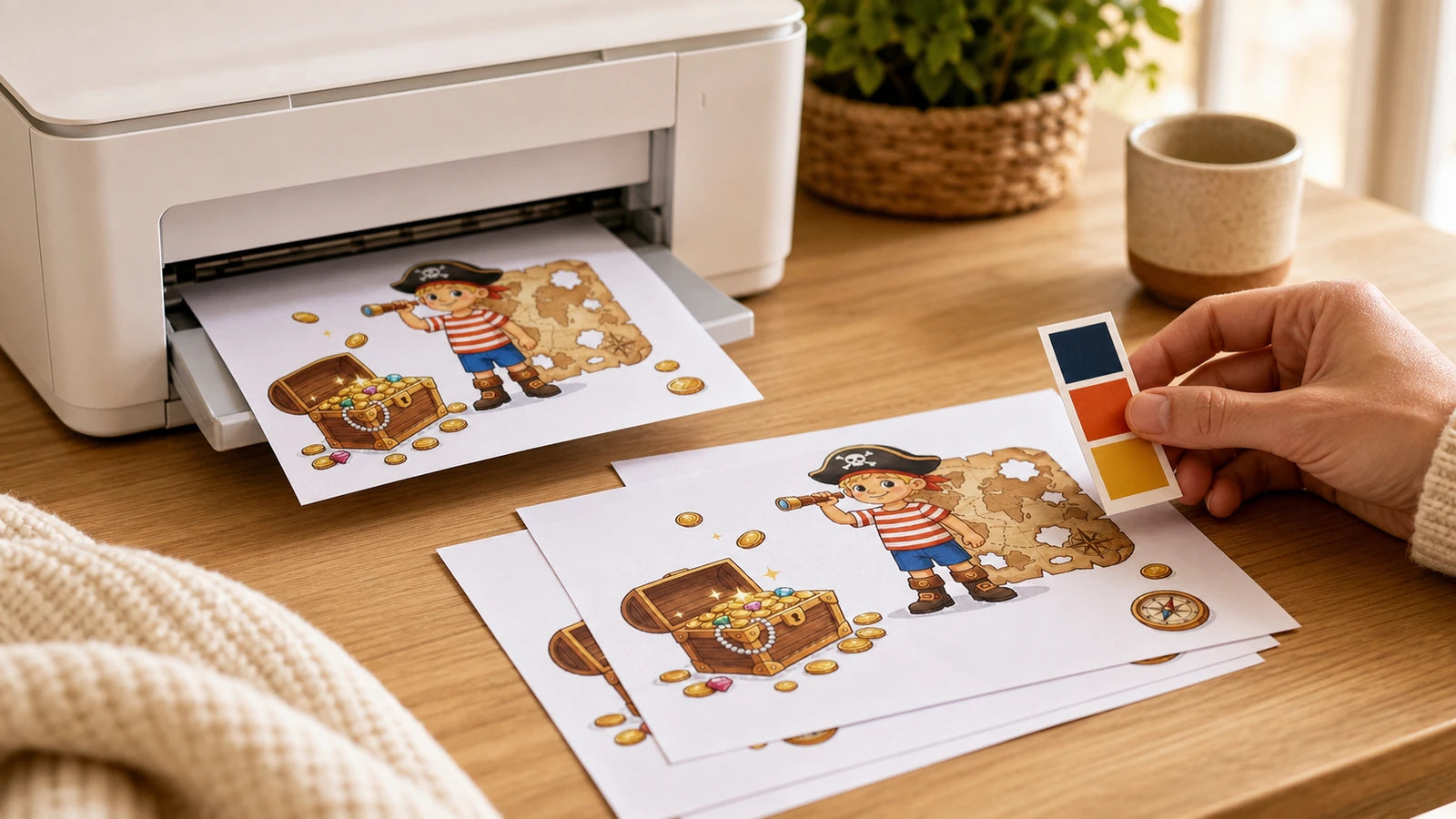 Illustratie van een printtest met A4-materialen voor een speurtocht kinderfeestje
