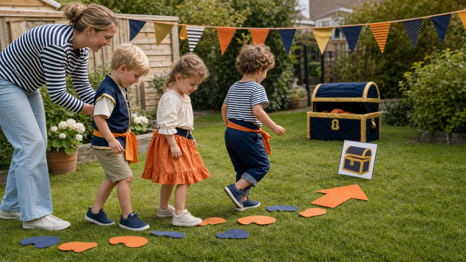 Kinderen van 4 jaar spelen een visuele speurtocht met geprinte aanwijzingen