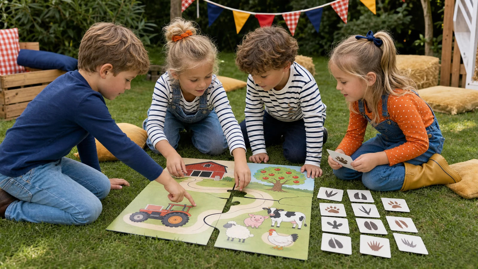 Kinderen van 6 jaar werken samen tijdens een speurtocht voor een kinderfeestje