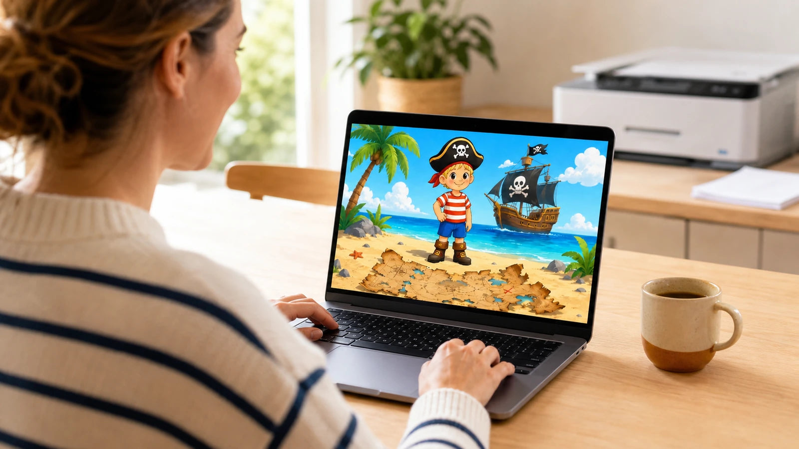 Ouder downloadt een digitale speurtocht voor een kinderfeestje op een laptop