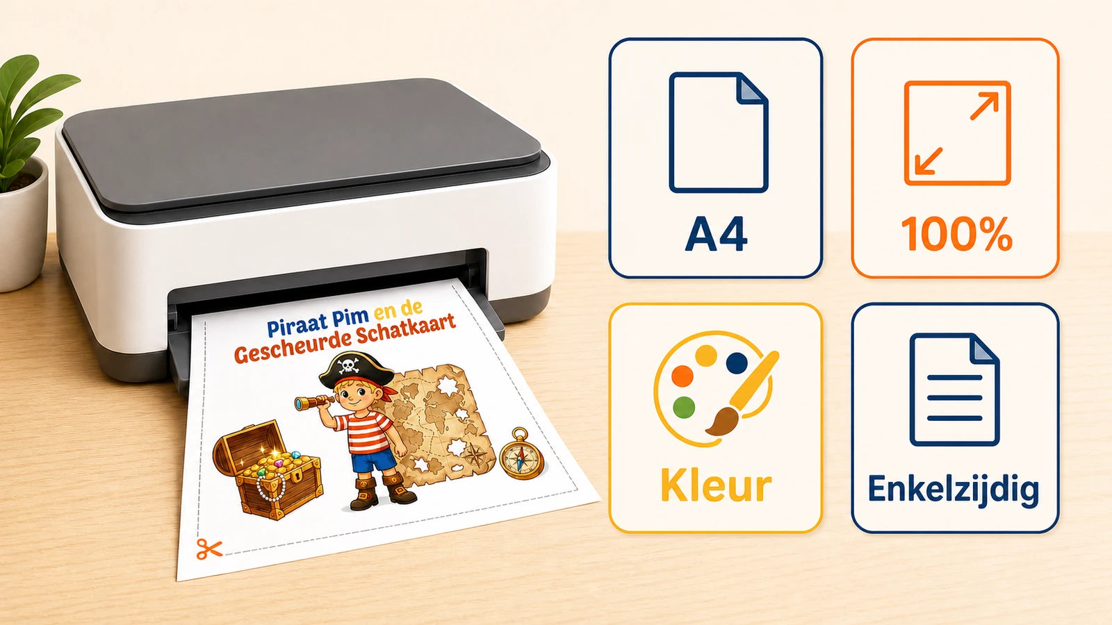Illustratie van geschikte printerinstellingen voor het printen van een speurtocht op A4-papier