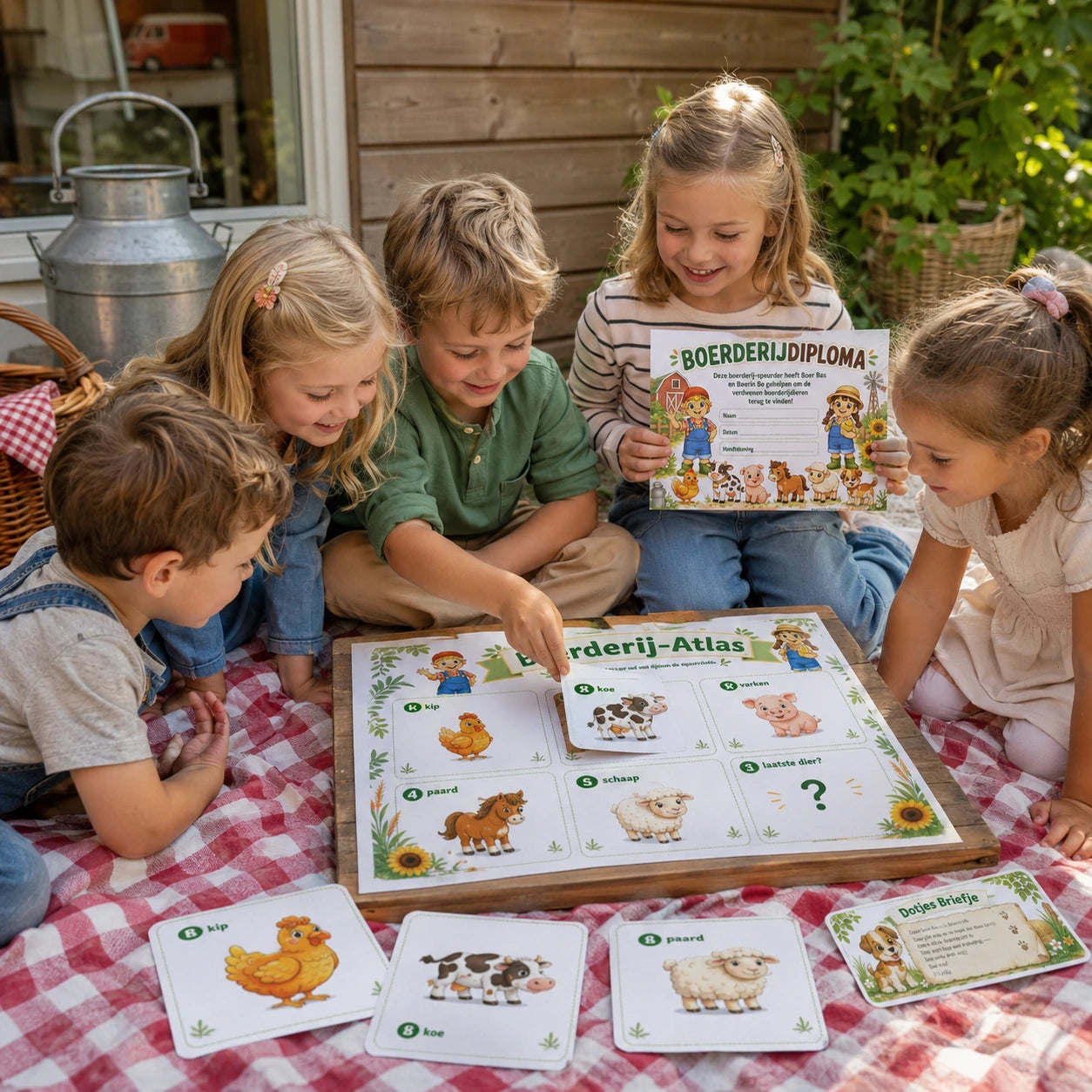 Kinderen leggen dierenkaarten op de Boerderij-Atlas tijdens de finale van een boerderij speurtocht