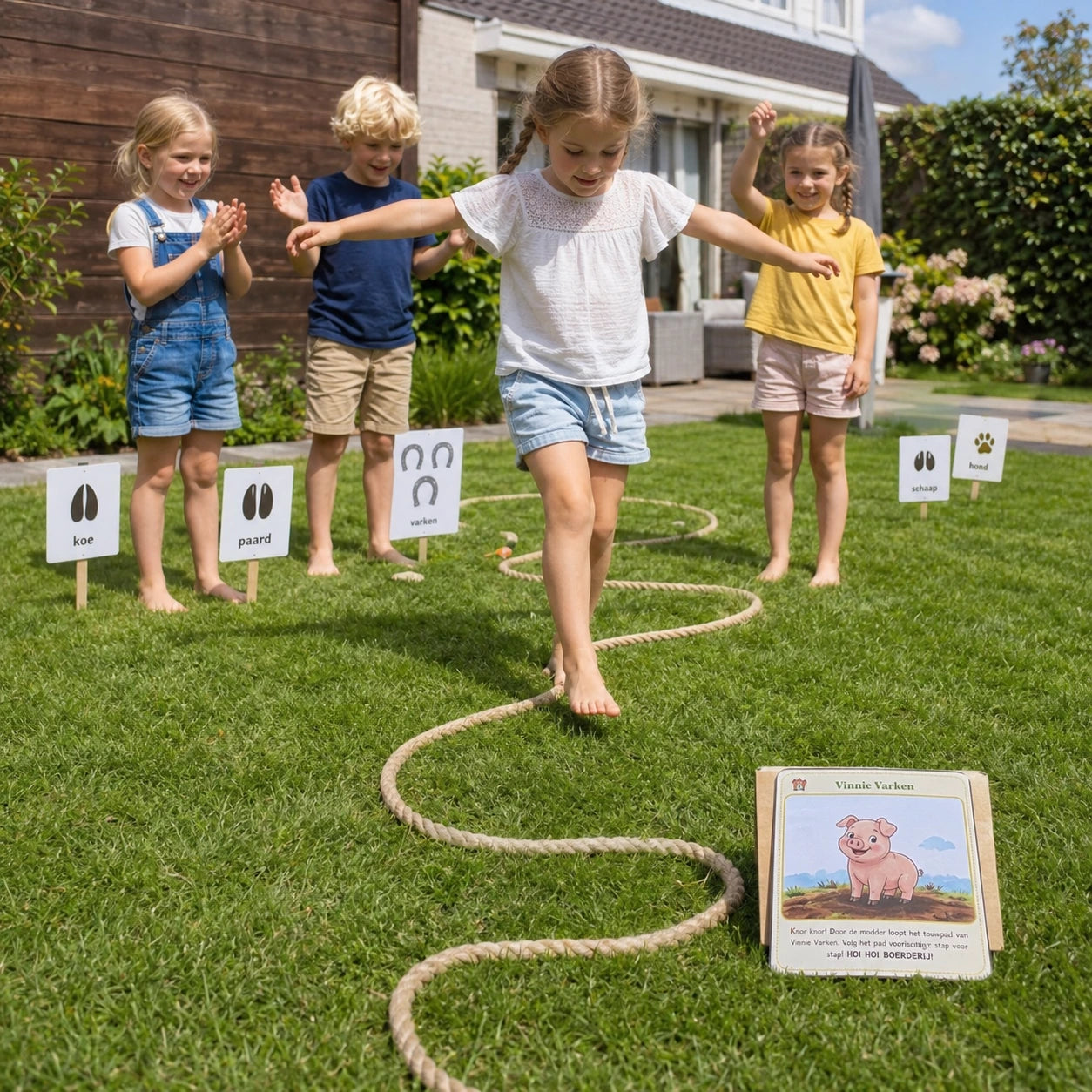 Kinderen lopen over een touwpad tijdens een boerderij speurtocht in de tuin