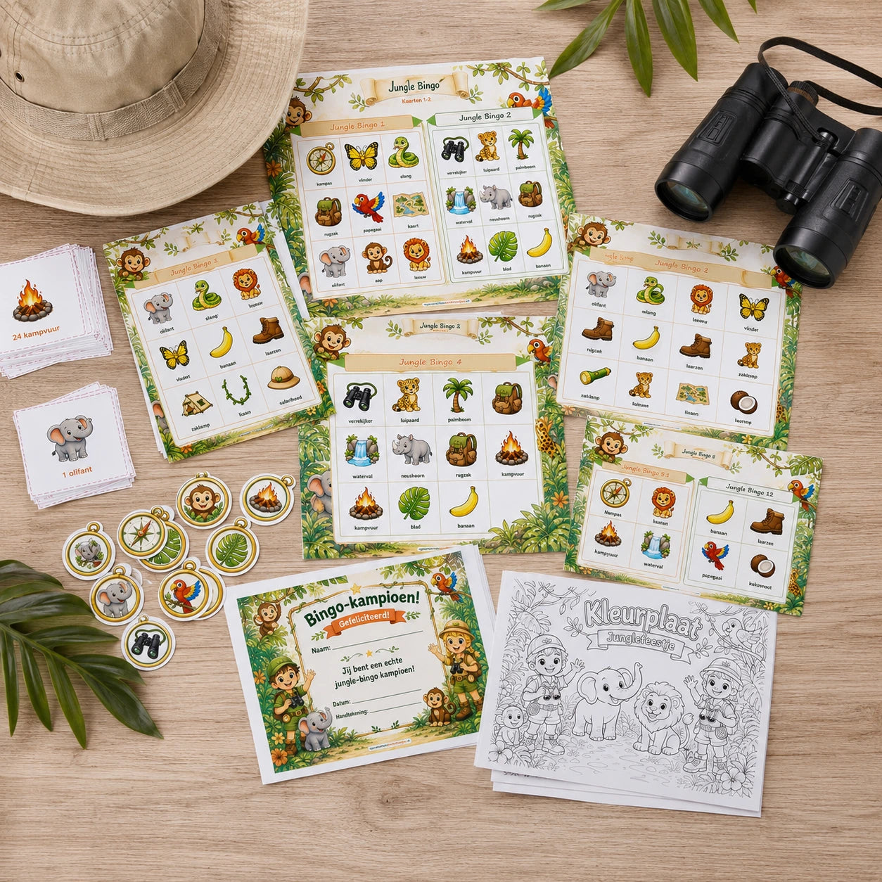 Uitgeprinte jungle bingo met bingokaarten, roepkaartjes, fiches, diploma en medailles