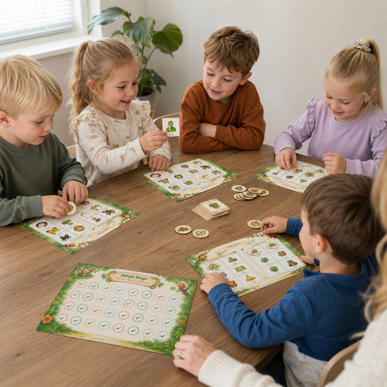Kinderen spelen jungle bingo aan tafel met verschillende printbare bingokaarten
