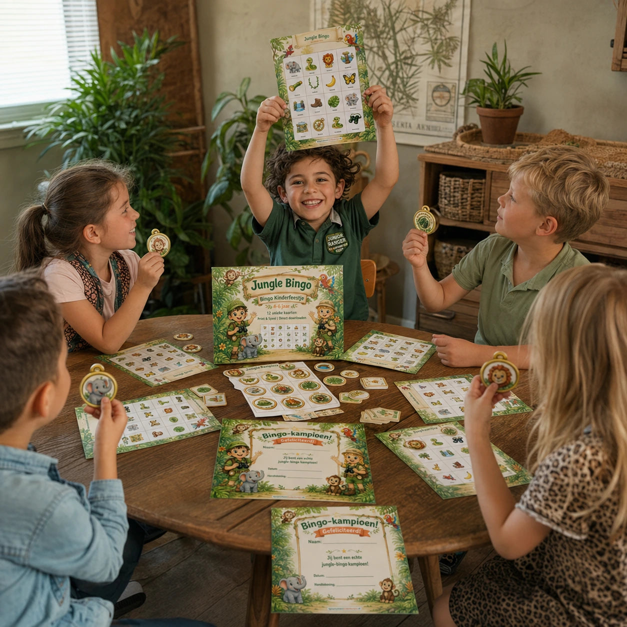 Kinderen krijgen junglemedailles na een ronde jungle bingo aan tafel