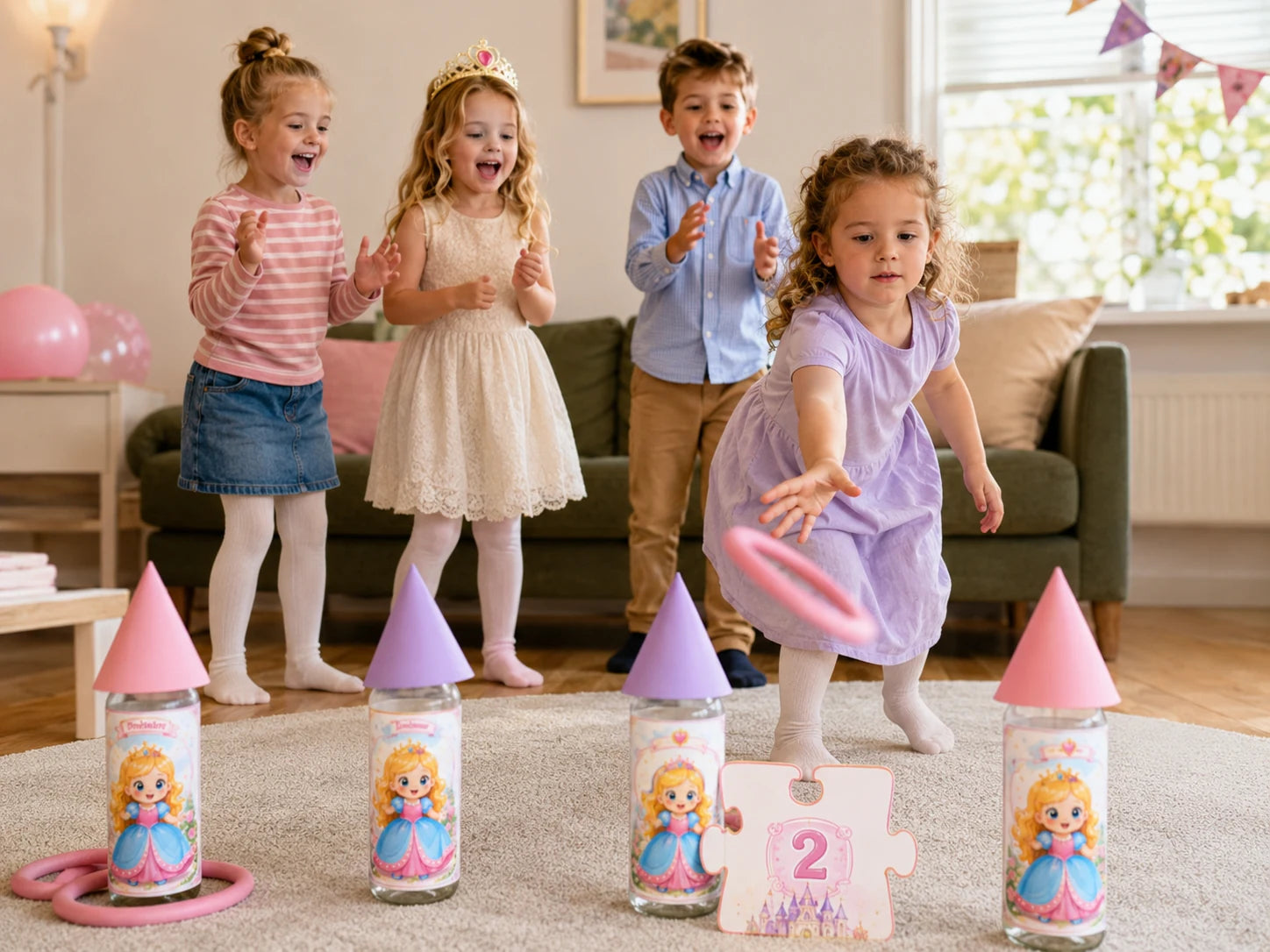 Kinderen spelen ringwerpen bij kasteeltorens tijdens een prinsessen speurtocht