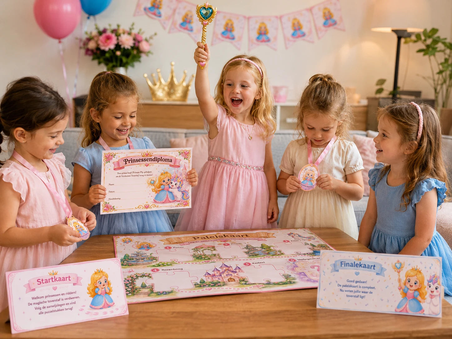 Kinderen vieren de finale van een prinsessen speurtocht met toverstaf en diploma