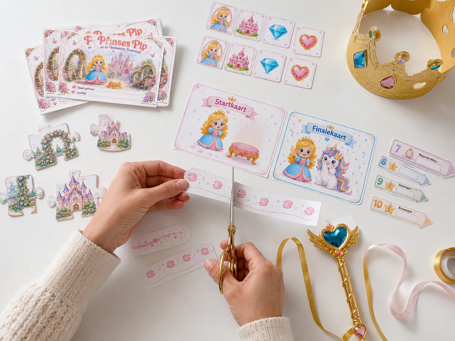 Ouder knipt sporen en paleispuzzelstukken voor een prinsessen speurtocht kinderfeestje
