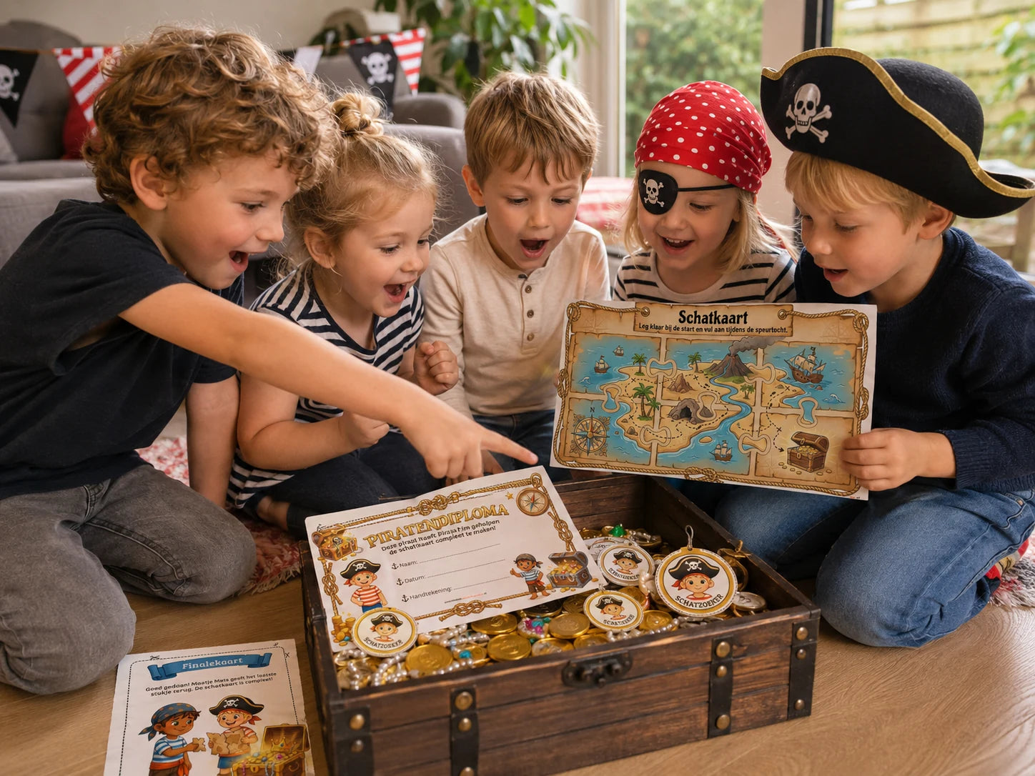 Kinderen openen een schatkist als finale van een piraten speurtocht kinderfeestje