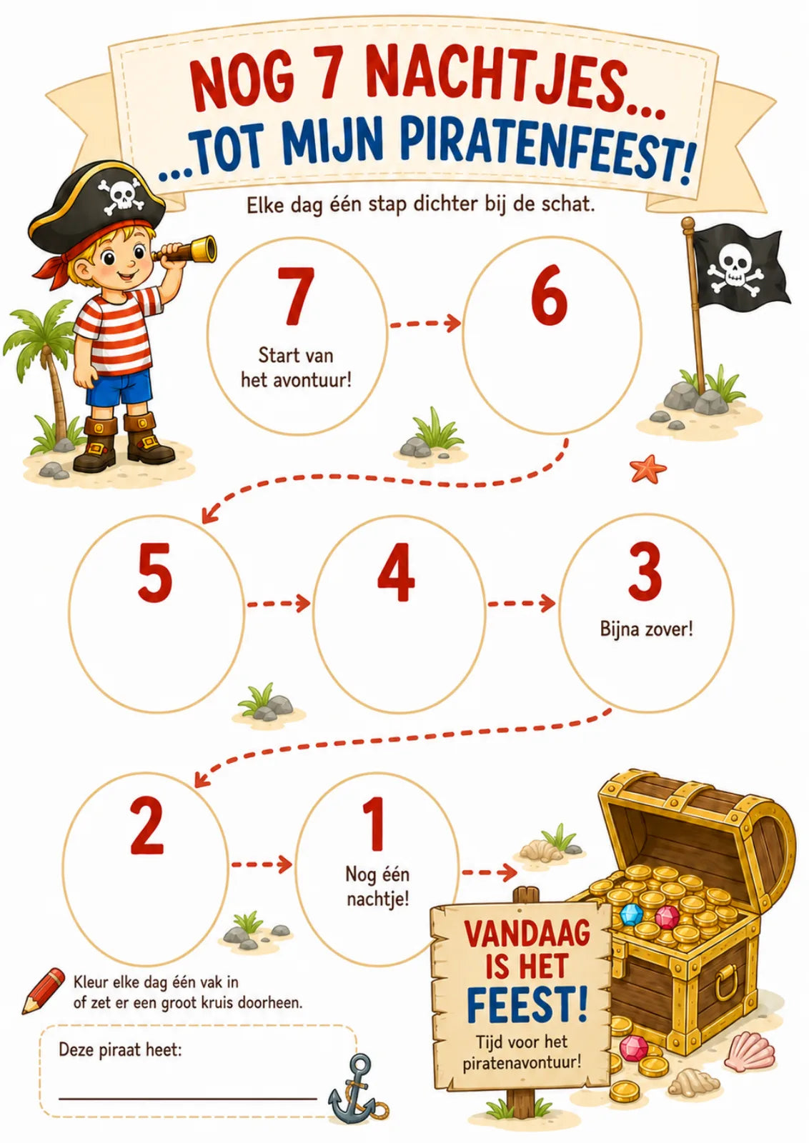 Aftelkalender voor het piratenfeest: nog 7 nachtjes tot het feest