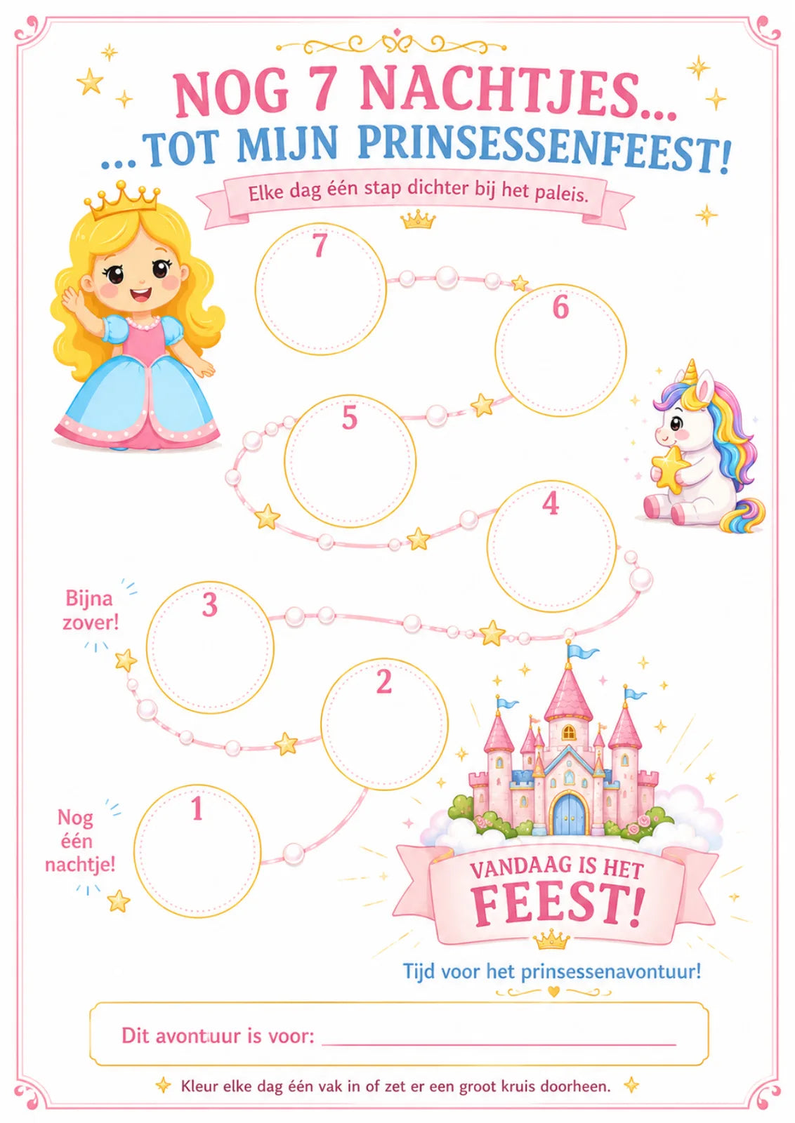 Aftelkalender voor het prinsessenfeest: nog 7 nachtjes tot het feest