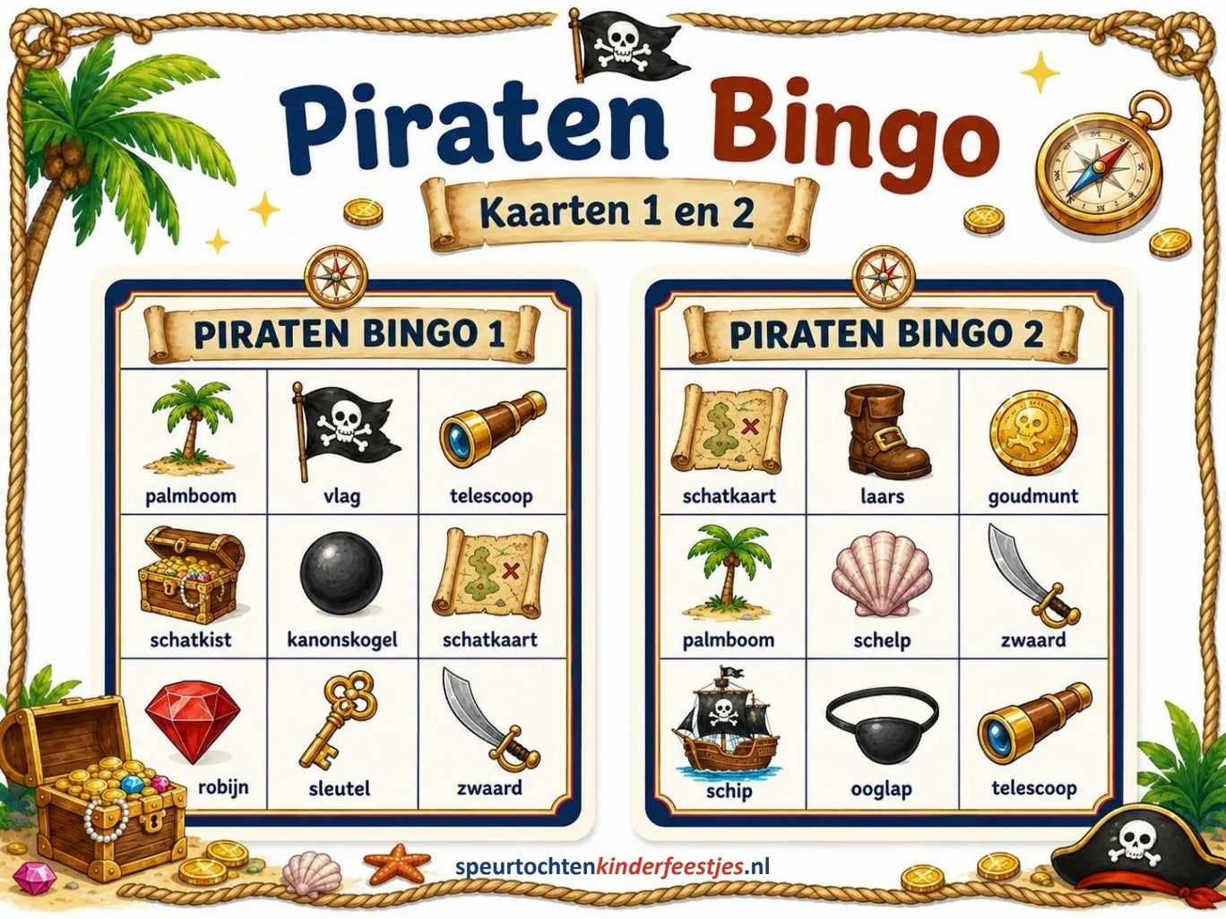 Bingokaarten: echte pagina 3 uit het Piraten Bingo-bestand.