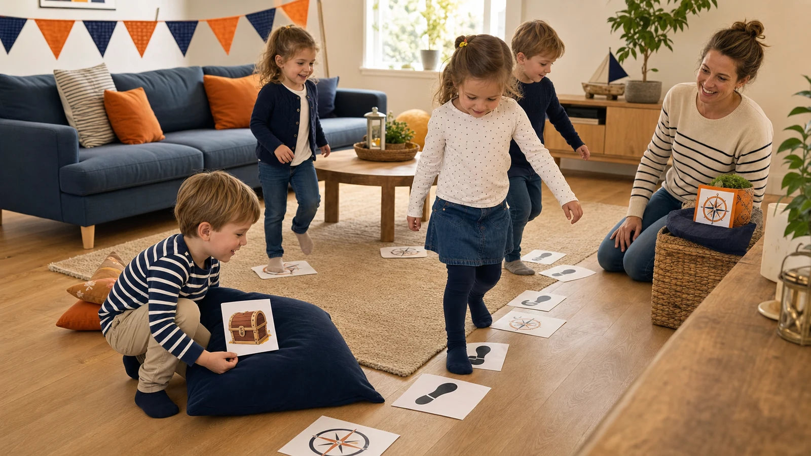 Kinderen spelen binnen in de woonkamer een speurtocht met geprinte aanwijzingen