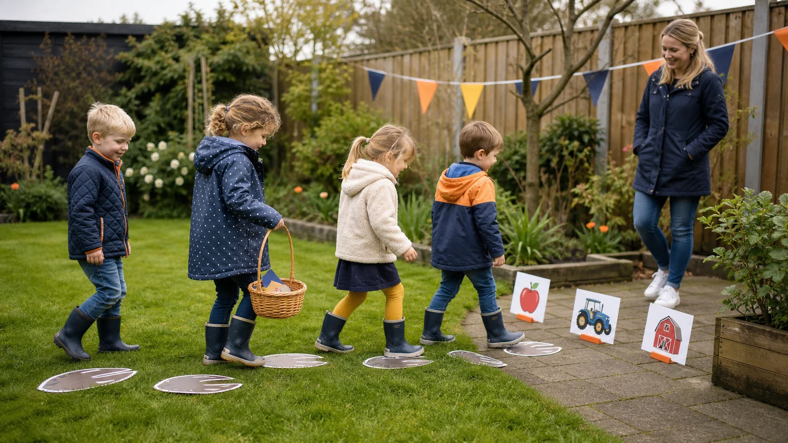 Kinderen spelen buiten in de tuin een speurtocht met geprinte aanwijzingen