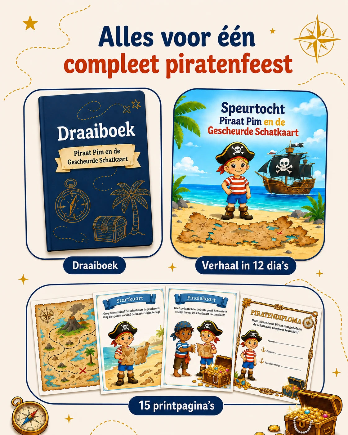 Compleet Piraat Pim speurtochtpakket voor een piratenfeest met draaiboek, verhaal en printpagina's